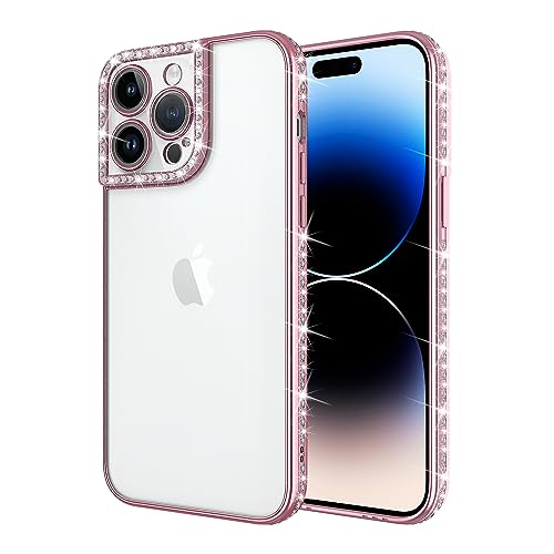 wahhle Luxury Plating Cute Bling Diamond Inlay Phone Case Cover for Women Girls with Bling Camera Protector（iPhone 15 Pro Max,Pink）