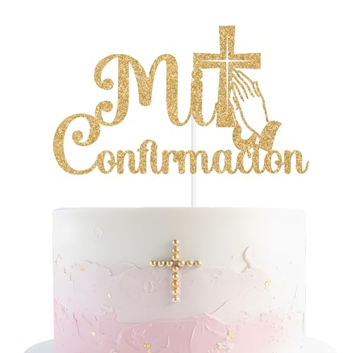 Goilpanitdia Glittery Mi Confirmacion Cake Topper, Spanish First Communion, My Baptism, Religious Bridal Shower, Baby Shower, Wedding, 1st Birthday Party Decorations, Gold