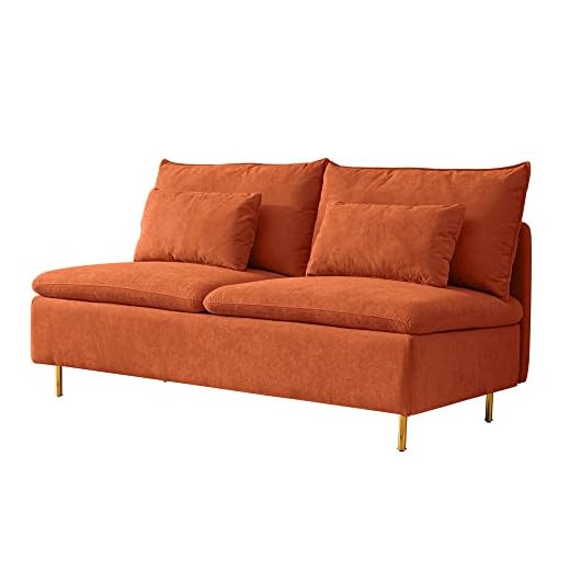 Tmosi 59'' Linen Upholstered Loveseat Sofa Couch,2 Seater Sofa with 2 Throw Pillows,Armless Settee Bench with Golden Metal Legs for Living Room,Bedroom,Office,Apartment (Orange, Armless Loveseat)