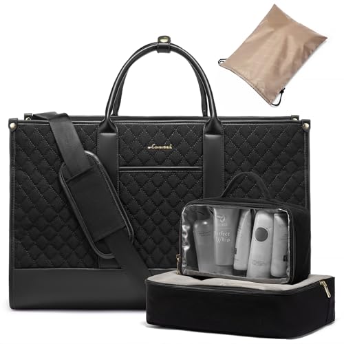 LOVEVOOK Travel Weekender Bags for Women, Quilted Carry On Duffle With Laptop Compartment Airplanes Approved, Large Overnight Bag with Toiletry Bag for Hospital Labor and Delivery, 4 Pcs Set, Black