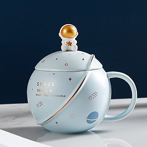 Image of NOSCOMP Astronaut Coffee Mug with Lid & Spoon | 400ml Ceramic | Embossed Planet & Galaxy Design | Leak-Proof | Gift for Space Lovers | Light Blue