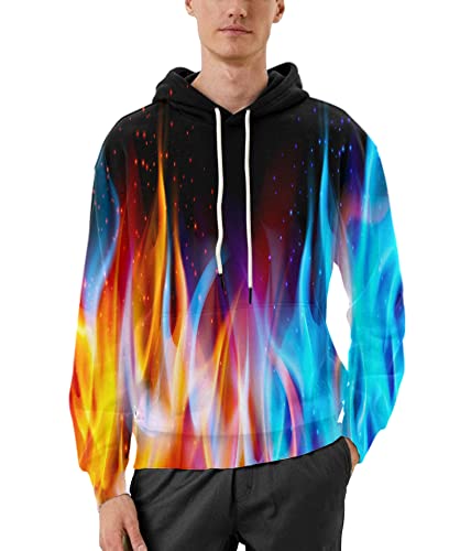 Eowjeed Hoodies For Men Women Graphic 3D Printed Sweatshirts Red And Blue Flame Pullover Hoody Sweaters Small #TOP1