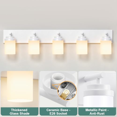 Image of IZORRO Bathroom Light Fixture White, White Glass Shade 36-Inch 5-Light