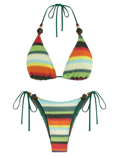 ZAFUL Bikini Sets for Women Sexy Two Piece Swimsuits High Cut Cheeky Thong Bathing Suit Beads Striped Halter Triangle Swimsuit Push Up Bikini Top with Low Rise Bottoms Retro Self Tie Swimwear Green S
