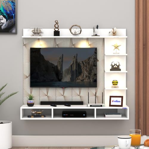 Image of Anikaa Tyron Engineered Wood Wall-Mount TV Unit with PVC Back Panel & LED Lights | TV Cabinet with Storage Box & Decorative Shelves (White) | Ideal for TVs up to 43 Inch | DIY Installation