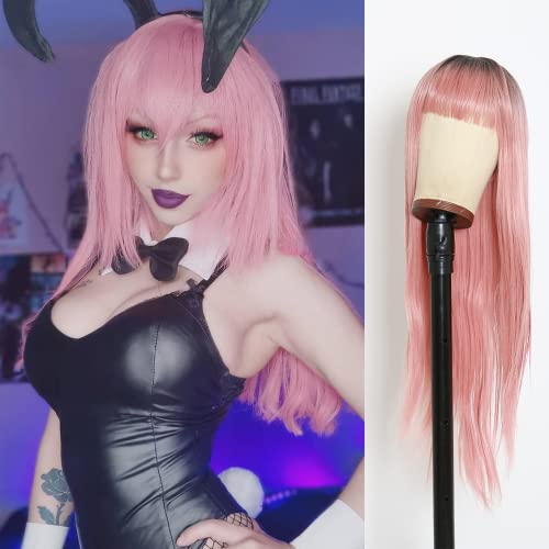 DOOLDOOL Pink Ombre Wig with Bangs Breathable Mesh Cap Long Straight Wig for Women Heat Resistant Synthetic Wig Cosplay Wig for Daily Use Girl Party(24 Inch)