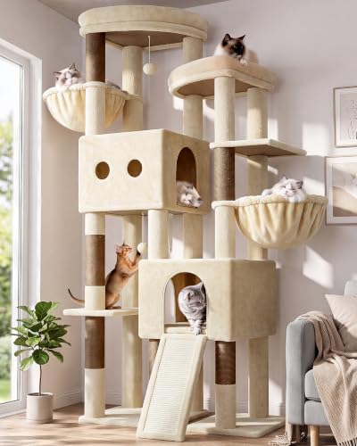 Image of Globlazer Sturdy Cat Tower for Indoor Cats 20lbs, 76in, S76E, Beige