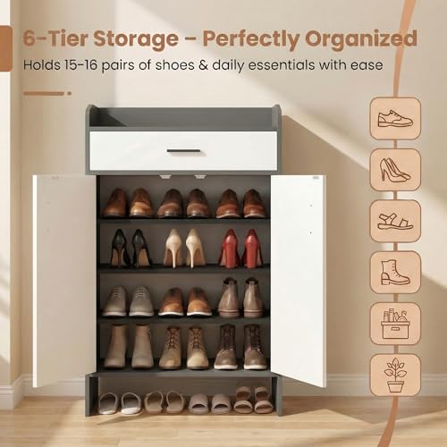 Image of Decor & More 2 Door Shoe Rack Wooden with Shelf and Drawer, Shoes Rack with Door for Home, Shoe Organizer Space Saver, Shoe Cabinet Stores 15-16 Pairs, Footwear Stand,DIY