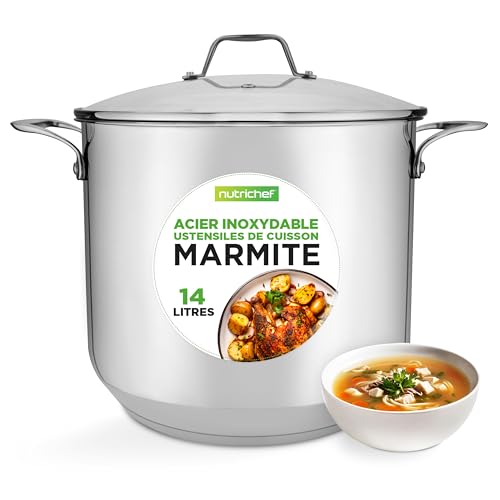 Nutrichef Marmite-Faitout Inox-14 Litres- 18-8 Qualité Alimentaire Résistant Tous Feux-Induction-Grand- Faitout-Grande Marmite avec Couvercle Transparent,...