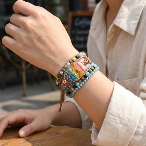Image of YGLINE Boho Handmade Natural Stone Wrap Bracelets Jasper Crystal Beads Bracelet Jewelry