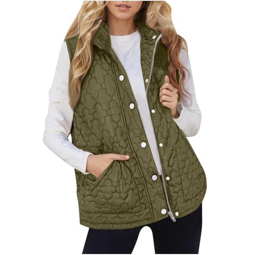 Blczomt Puffer Vest for Women Quilted Stand Collar Zip Up Snap Button Coat Winter Trendy Puffy Sleeveless Jacket with Pockets winter vest for women Army Green 3X