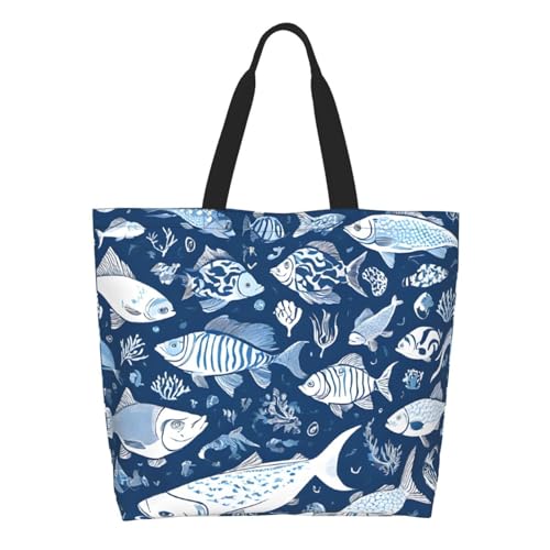 Women'S Large Capacity Cute Blue Fish Shoulder Shopping Bag,Tote Storage Bag,Simple And Fashionable Shoulder Bag For Travelling,Beach,Gym,Working.2