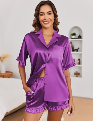 Image of Ekouaer Satin Pajama Set for Women 2 Piece Pj Sets Short Sleeve Sleepwear | Super Soft Silky Summer Loungewear Set with Ruffle Short Sleeve Top and Pocket Shorts, Casual Travel Daily Gift