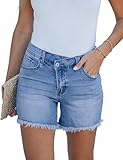 luvamia Jean Shorts for Women Mid Rise Trendy Stretchy Crossover Waist Denim Shorts Raw Hem Casual Summer Pockets Cut Off Jeans for Women Jean Cut Off Medium Blue XX-Large US Size 20-22