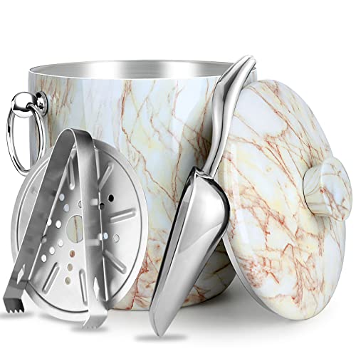 Ice Bucket with Lid, Scoop, Tongs and Strainer - Well Made Insulated Stainless Steel Keep Ice Frozen Longer - Ideal for Cocktail Bar, Parties, Chilling Wine, Champagne - 3 Liter (CarraraMarble)