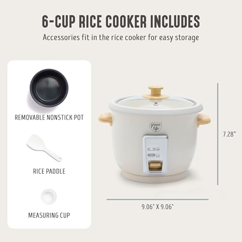 GreenLife Rice Cooker with Removable PFAS-Free Ceramic Nonstick Pot, 3-Cups Uncooked/6-Cups Cooked, Grains & Oatmeal Multicooker, Compact One-Switch Design, Auto Keep Warm, Easy Clean, Cream - Image 4