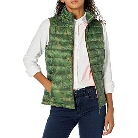 Chaleco Plumífero Plegable y Ligero, Resistente al Agua Mujer, Verde, Camuflaje, S Cover
