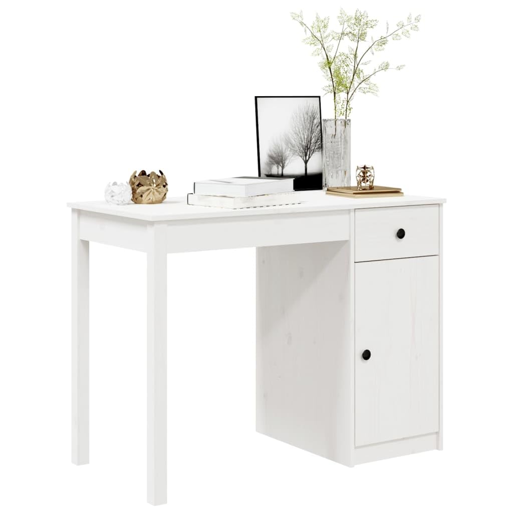 Escritorio blanco 100 x 50 x 75 cm de madera maciza de pino con cajón y armario, amplia superficie de trabajo para ordenador y libros, ideal como mesa de ordenador o mesa de trabajo