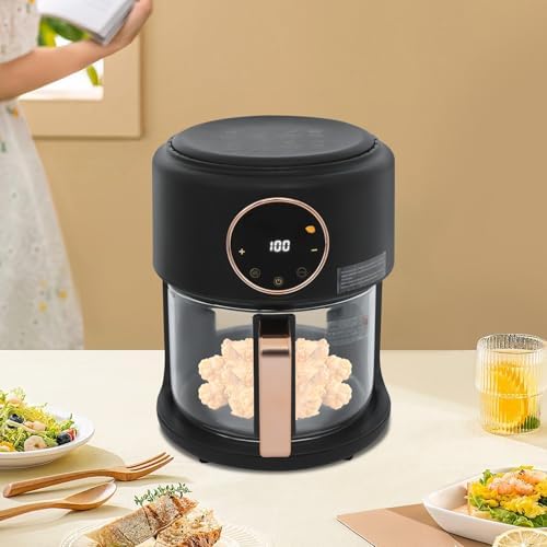 3.81QT Black Glass Air Fryer, 1200W Touchscreen, 360° Cooking View, 8 Pre-Set Functions, Healthy Borosilicate Glass Pot for Family & Restaurant Use