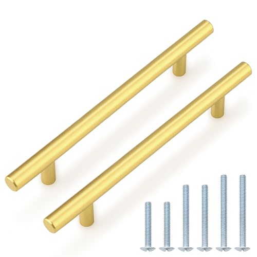 Image of Probrico 5 Pack 6-3 /10 Inch Center-to-Center Kitchen Cabinet Pulls T Bar Gold Cabinet Handles Modern Drawer Hardware Dresser Pulls, 8-4 /5 inch Total Length