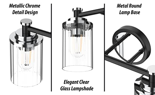 Image of Bathroom Lighting Fixtures Black and Chrome Bathroom Vanity Light with Cylindrical Clear Stripes Glass Lampshade E26 Socket Base Bathroom Lighting Fixtures Over Mirror (4 Lights)