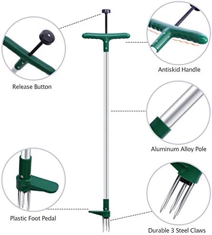 Ohuhu Weed Puller Stand Up Weeder Hand Tool with 3 Claws and Foot Pedal, Long Handle Garden Weeding Tool Standup Lawn Garden Tool for Dandelion, Standup Weed Root Pulling Tool and Picker, Length 1m