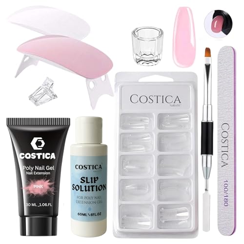 COSTICA Poly Gel Nail Kit with U V Light Starter Kit, 8 Pcs Gel Extension Kit for Beginners with Everything Nail Art DIY {9 in 1} [PINK]