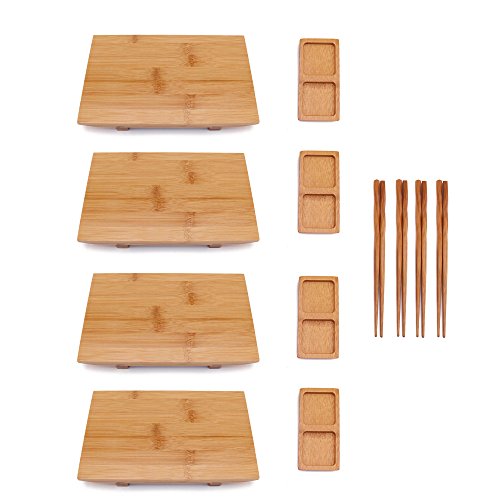 Bamboomn Bamboo Sushi Plate/Tray, Chopsticks And Compartment Sauce Dish, 9.8" Rectangle - 4 Sets #TOP2