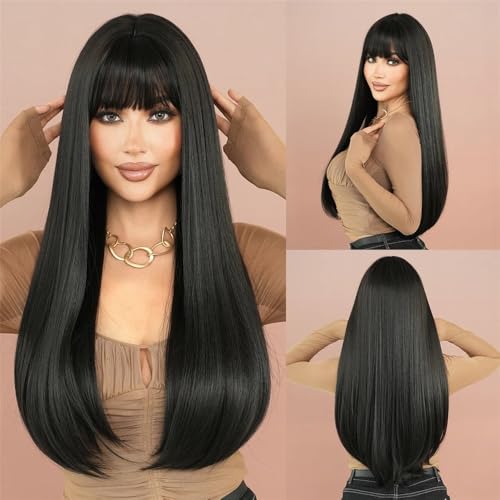 Perruque synthétique longue et lisse marron pour femme avec frange élégante
