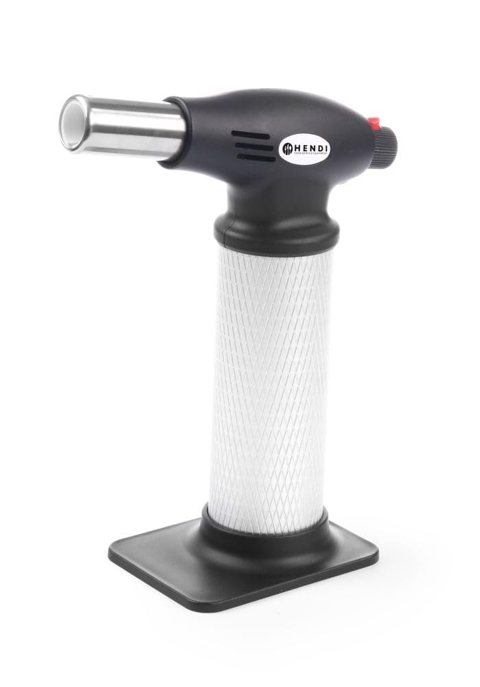 HENDI Antorcha de cocina, soplete de cocina, soplete flambeador, mechero del Chef, de gas butano, recargable (se suministra vacío), con encendido automático, con base, 145x(H)190mm, negro y platado