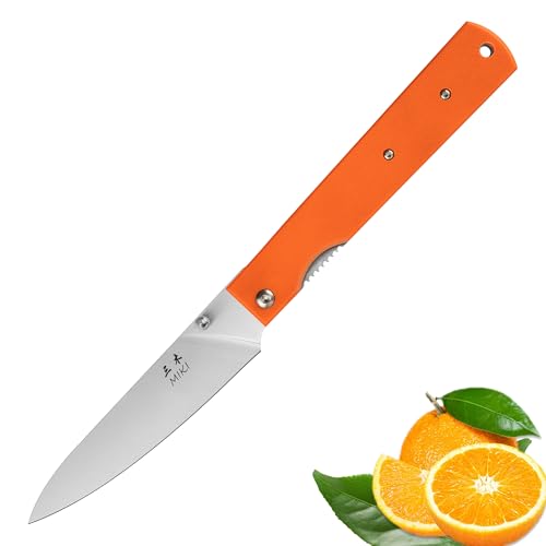 Miki 440A Stainless Steel Blade Japanese Kitchen Chef Folding Pocket Knife for Camping Knife,orange G10 Handle Petty Knife Fruit Knife Paring Knife Peeling Knife Small Drop Point