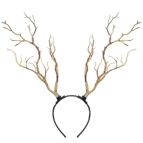 MOSTORY Woodland Branch Antlers Headband - Light Brown Boho Antler Hairband for Fairy Tree Costume Women Rustic Branch Headpiece for Adult Forest Cosplay Renaissance Photo Shoot