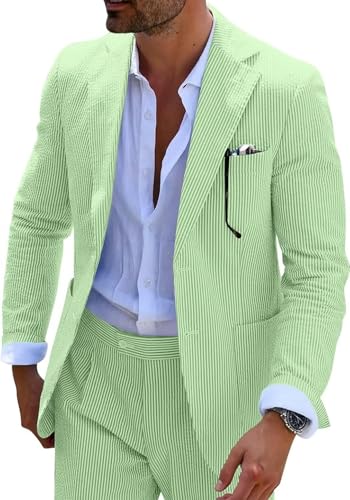 Seersucker Slim Suits for Men Formal Casul Summer Beach Wedding G...