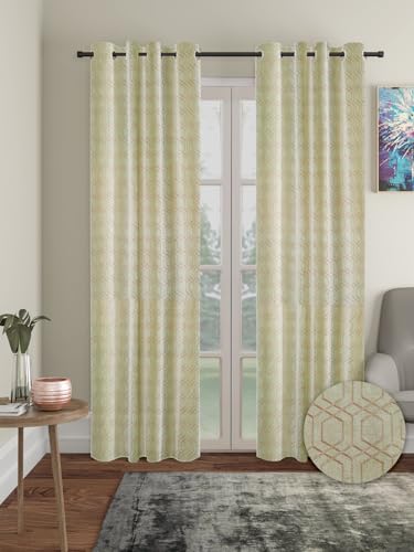 Image of Cortina Striped Light-Filtering Polyester Curtains 7 feet Long Set of 2 for Door [ Opacity: 50-60%, Color: Green, Knitting Foil Curtains -160 GSM ]