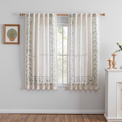 Image of MYSKY HOME Boho Curtains for Bedroom 63 Inch Long Linen Blended Semi Sheer Back Tab Drapes Leaf Bird Bohemian Style Texture Window Treatment for Living Room Decoration, 2 Pcs, Green, 50 inch Wide