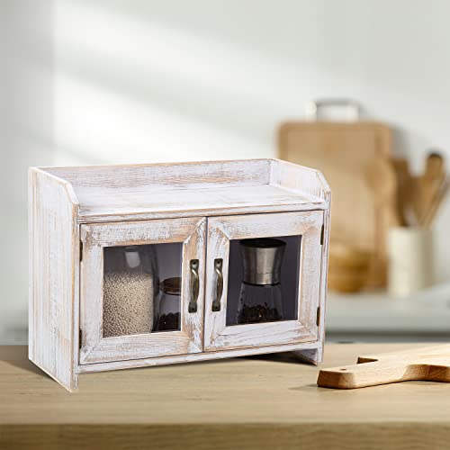 Exoliry Rustic White Wood Counter Top Storage Cabinet Organizer Shelf Glass Window Doors Wooden Caddy Kitchen Bathroom Tabletop Vanity Chest Antique Farmhouse Style Mini Closet Box Rack Home #TOP5