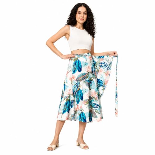 Image of Women's Floral & Animal Print Wrap Skirt - Midi Length A-Line Summer Skirt with Side Tie-Up, Tropical Cheetah Tiger Casual Beach Wear