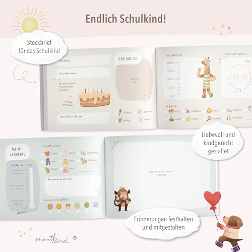 mintkind® Erinnerungsbuch Einschulung Beige – Mein erstes Schuljahr für Kinder – Einschulungsbuch DIN A5 mit Fragen, Malvorlagen & Rätseln – Hardcover Album Schule – 60 Seiten Fadenheftung