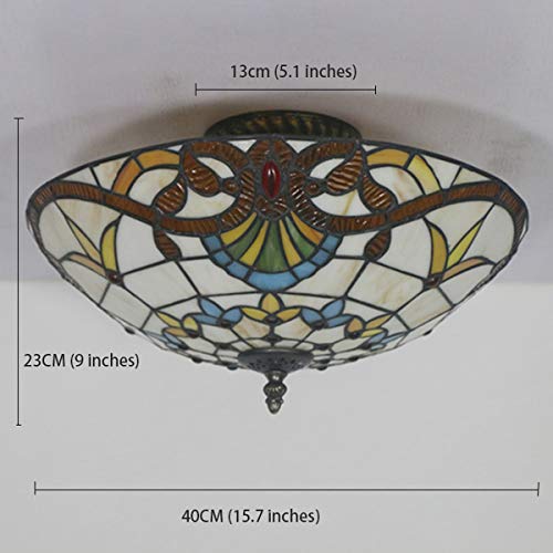 BOTOWI Vintage Tiffany Style Ceiling Light Baroque Flush Mount 3-Light Ceiling Light Fixture with Stained Glass Shade for Bedroom Living Room,40cm