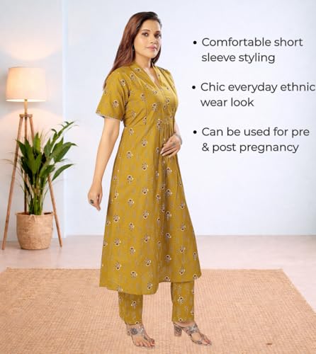 Image of Momenta Women's Pure Cotton Maternity Kurta Set | Feeding Kurti with Concealed Zippers | Maternity Dress for Pre & Post Pregnancy