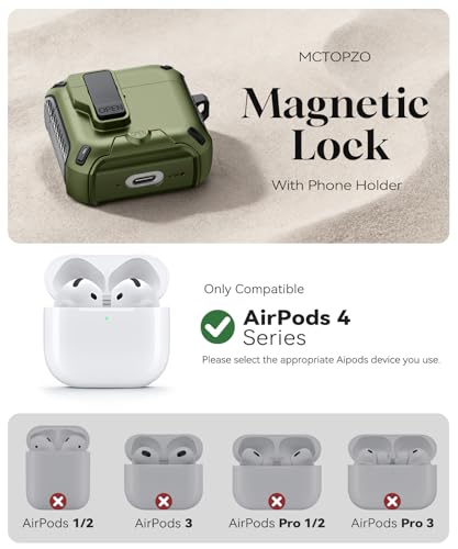 Image of for AirPods 4 Case with Lock (Dark Green) | Compatible with MagSafe,with Phone Stand,with Automatic Snap Switch Carbon Fiber Design Protection Cover with Cleaning Pen