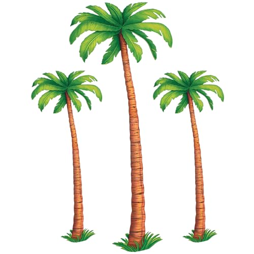 Beistle 3 Count Jointed Palm Tree Decorations, Cardstock Paper Cut Outs, Luau Beach Theme, Tropical Hawaiian Party Décor, 2-4’ & 1-6’