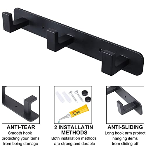 Vanloory Coat Rack, Heavy Duty Stainless Steel 3 Tri Coat Hook Hanger, Wall Mounted & Glue Adhesive Wall Hook, Rustic Clothes Hook/Key Hook Rail For Bathroom Kitchen Entryway(2 Pack, 3 Hook Black) #TOP2
