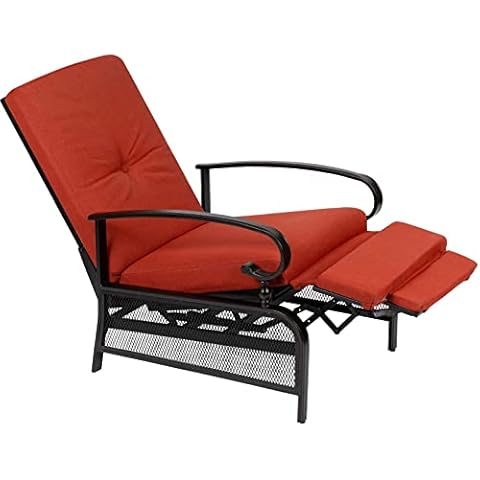 Crownland Patio Metal Recliner, Outdoor Lounge Chair with Adjustable Backrest and Removable Cushion for Porch, Backyard, Garden (Red) Cover