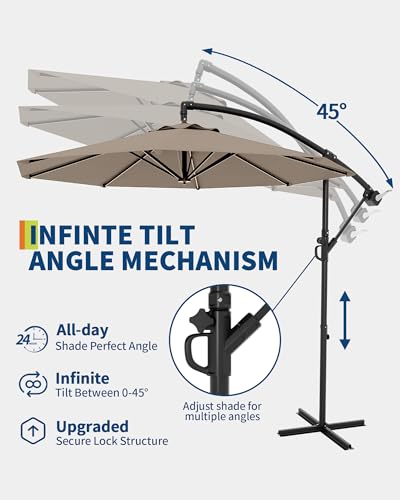 Cantilever Umbrella with Cross Base, 10FT Shade for 2-6 People, Outdoor Offset Design with Infinite Tilt and Crank Lift, Fade-Resistant Cross Base Canopy for Deck Pool Garden Backyard,Tan