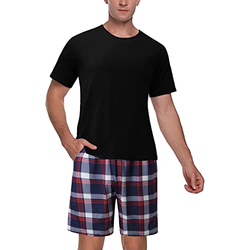 Mens Pajama Set Short Sleeve Solid T-Shirts and Cotton Plaid Shorts Outfit Summer Casual Soft Pajamas Set Pjs Loungewear2