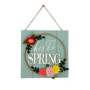 Spring Wall Decor Home Hanging Sign 3D Fabric Flowers Wall Plaque Hello Spring Wreath Wooden Door Sign Rustic Vintage Farmhouse Decoration Gift for Kitchen Living Dinning Room Bedroom