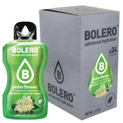 Bolero ELDERFLOWER 24x3g | Jus en poudre sans sucre, édulcoré à la stévia + vitamine C | pour enfants et sportifs | sans gluten, végétalien | saveur fleur de sureau