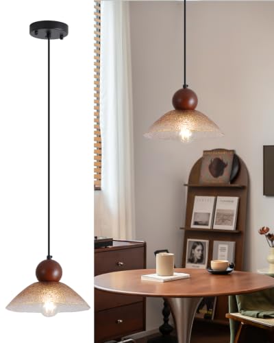 1-Pack Amber Glass Oak Pendant Light For Dining Kitchen Island Bedroom