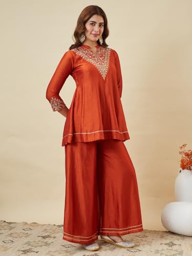 Image of MOKOSH Women's Silk Embroidery Kurta Sharara with Dupatta | Kurta Set | Embroidered |Indian Kurta Outfit with Sharara | 3 Piece Outfit |Straight Ethnic Suit 4 Colour Options Available